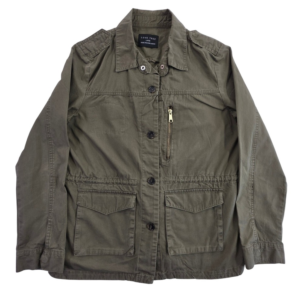 Love Tree Olive Green Utility Military Anorak Jacket Drawstring Waist EUC Large